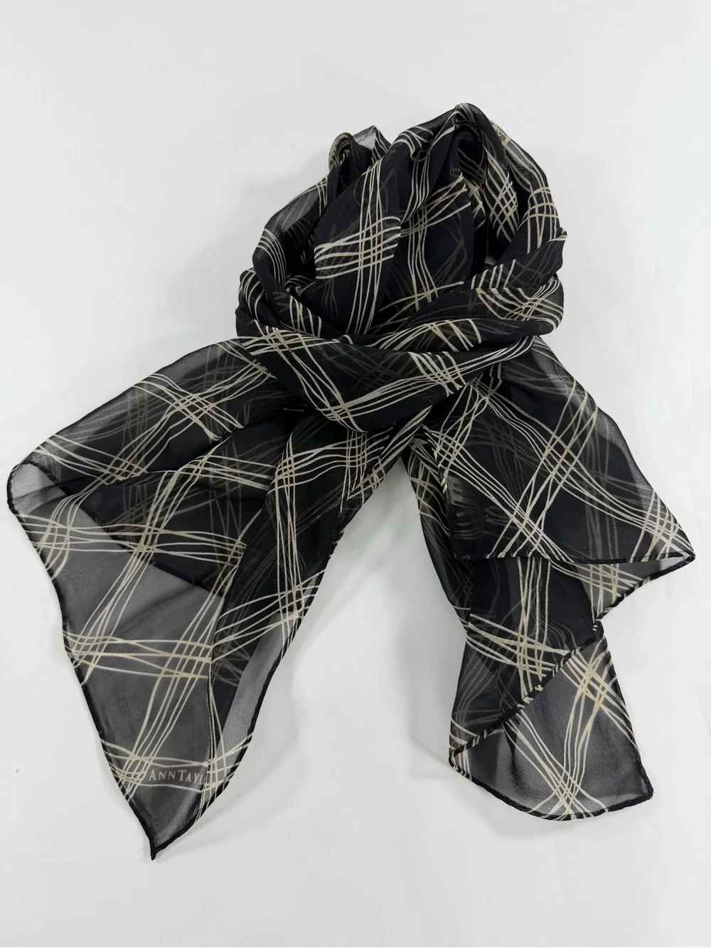 Ann Taylor 100% Silk Sheer Scarf Black Ivory Abstract Plaid 42x15 Japan